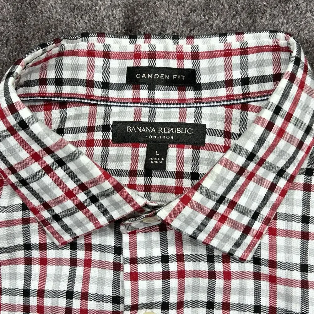 Banana Republic Men L Camden Fit Non-Iron Red Gray Black Herringbone Plaid Shirt